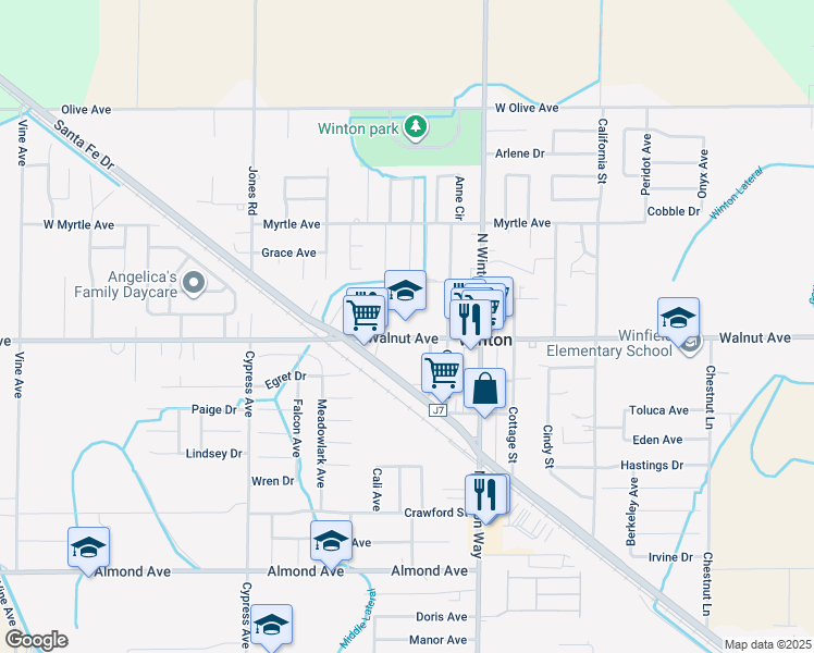 map of restaurants, bars, coffee shops, grocery stores, and more near 7160 Walnut Avenue in Winton