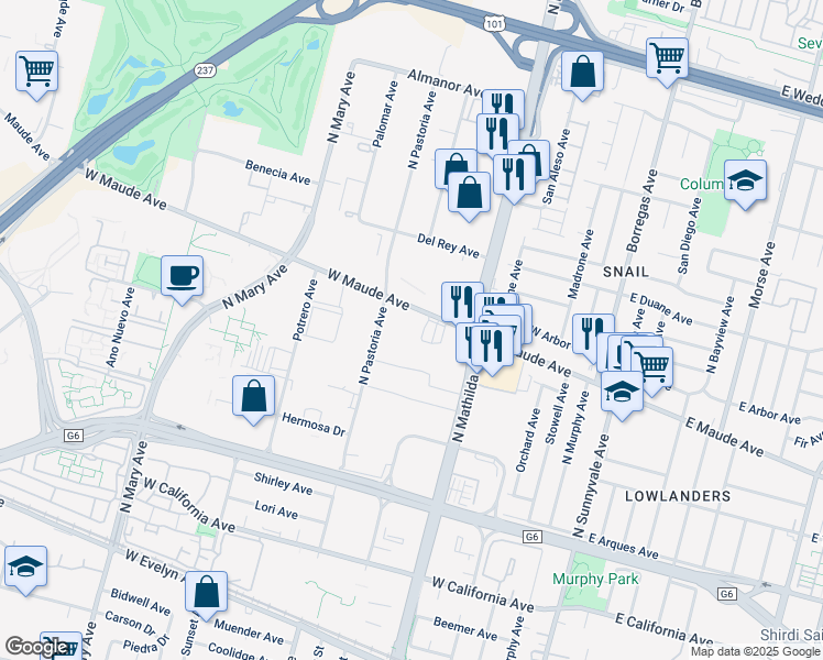 map of restaurants, bars, coffee shops, grocery stores, and more near 683 West Maude Avenue in Sunnyvale
