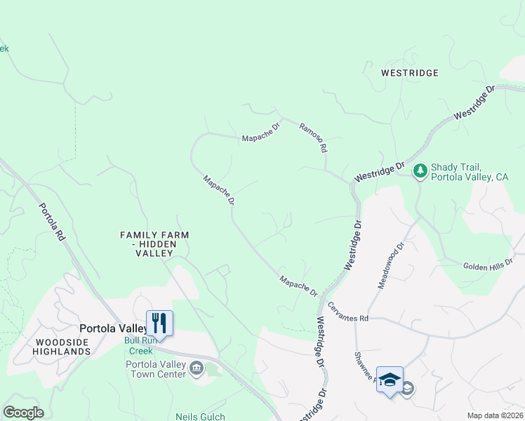 map of restaurants, bars, coffee shops, grocery stores, and more near 15 Naranja Way in Portola Valley