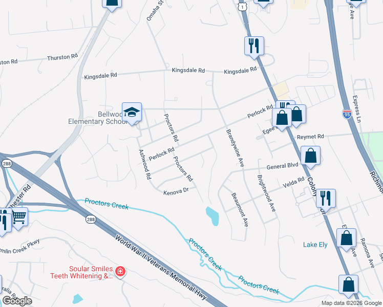 map of restaurants, bars, coffee shops, grocery stores, and more near 2931 Perlock Road in Richmond