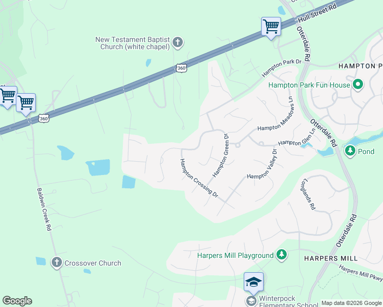 map of restaurants, bars, coffee shops, grocery stores, and more near 7845 Hampton Green Drive in Chesterfield