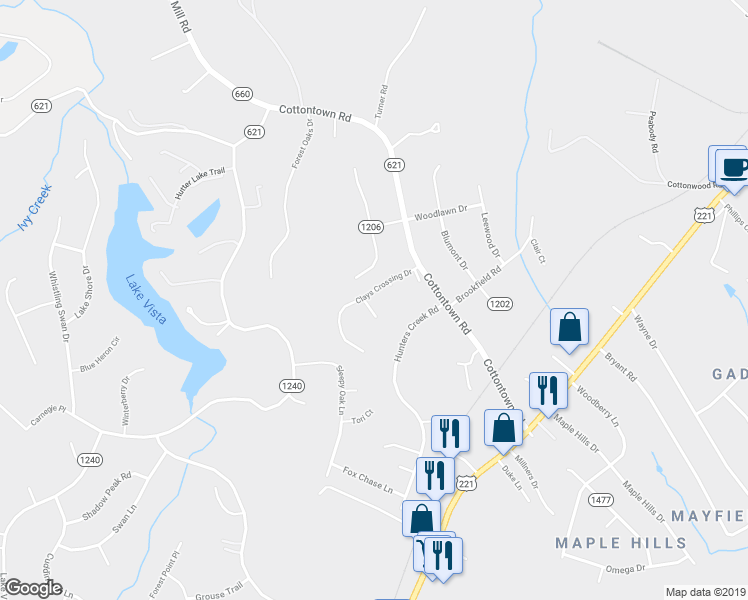 map of restaurants, bars, coffee shops, grocery stores, and more near 202 Clays Crossing Drive in Forest