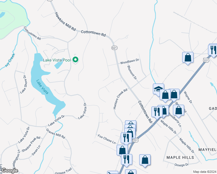 map of restaurants, bars, coffee shops, grocery stores, and more near 202 Clays Crossing Drive in Forest