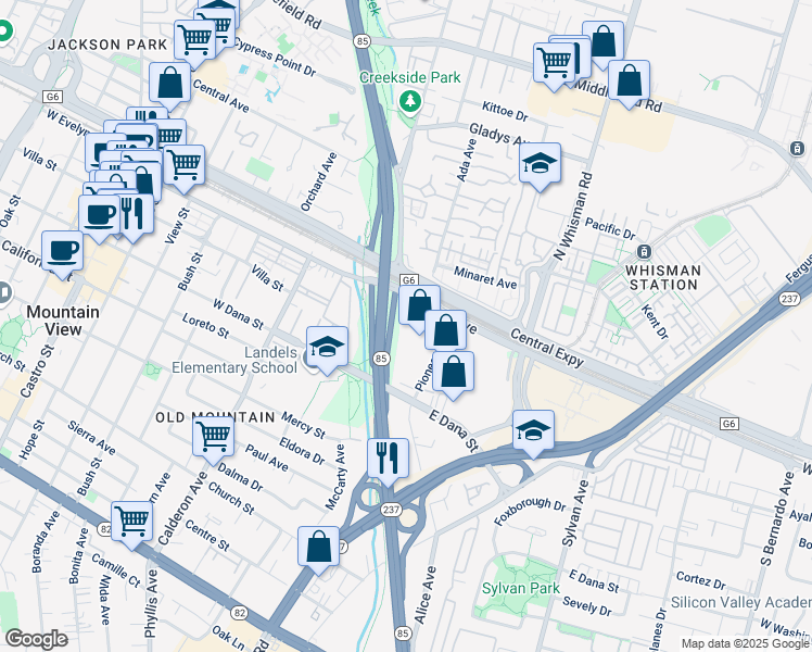 map of restaurants, bars, coffee shops, grocery stores, and more near 67 East Evelyn Avenue in Mountain View
