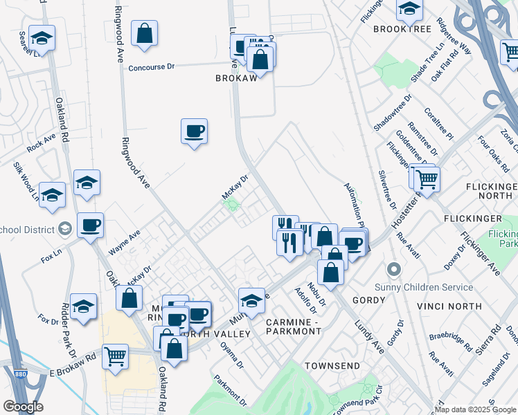 map of restaurants, bars, coffee shops, grocery stores, and more near in San Jose