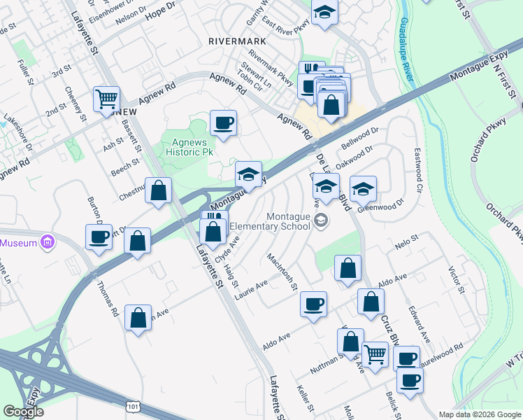 map of restaurants, bars, coffee shops, grocery stores, and more near 849 Leith Avenue in Santa Clara