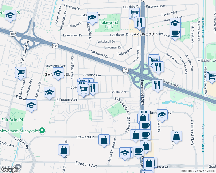 map of restaurants, bars, coffee shops, grocery stores, and more near 734 Santa Rosa Street in Sunnyvale