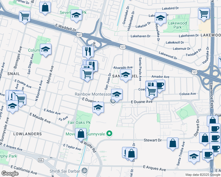 map of restaurants, bars, coffee shops, grocery stores, and more near 743 Brea Terrace in Sunnyvale