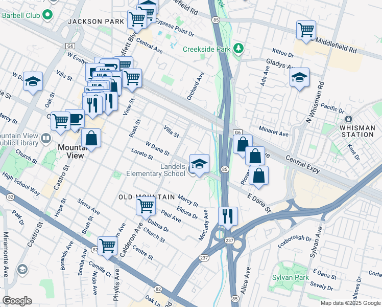 map of restaurants, bars, coffee shops, grocery stores, and more near 142 West Dana Street in Mountain View