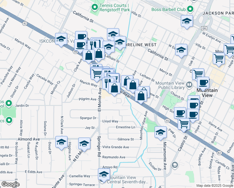 map of restaurants, bars, coffee shops, grocery stores, and more near in Mountain View
