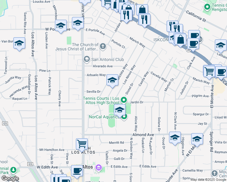 map of restaurants, bars, coffee shops, grocery stores, and more near 471 Panchita Way in Los Altos