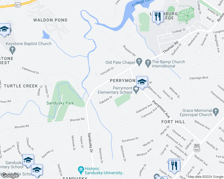 map of restaurants, bars, coffee shops, grocery stores, and more near 4612 Golf Park Drive in Lynchburg