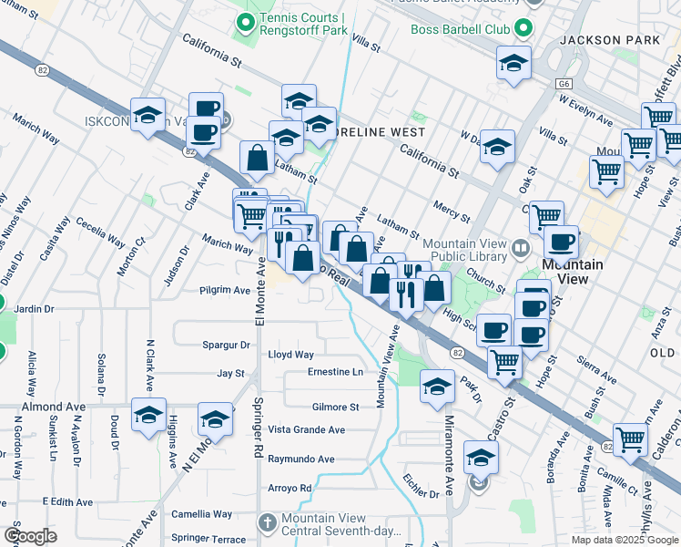 map of restaurants, bars, coffee shops, grocery stores, and more near 1582 West El Camino Real in Mountain View