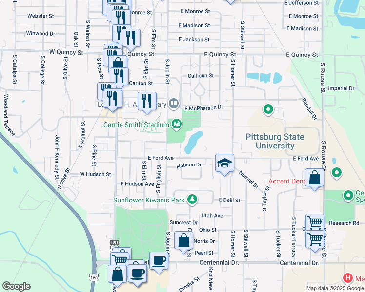 map of restaurants, bars, coffee shops, grocery stores, and more near 409 East Ford Avenue in Pittsburg