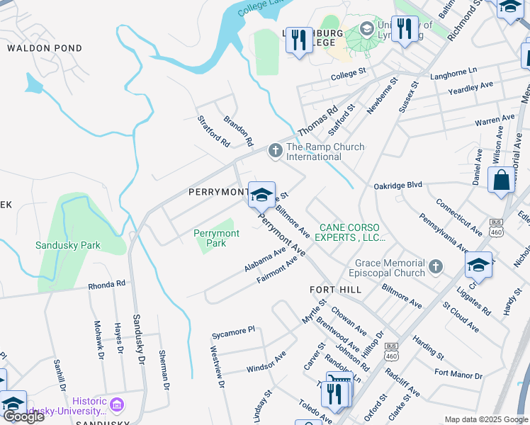 map of restaurants, bars, coffee shops, grocery stores, and more near 402 Perrymont Avenue in Lynchburg