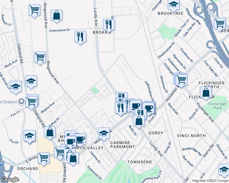 map of restaurants, bars, coffee shops, grocery stores, and more near Lundy Avenue & Avenida Las Brisas in San Jose