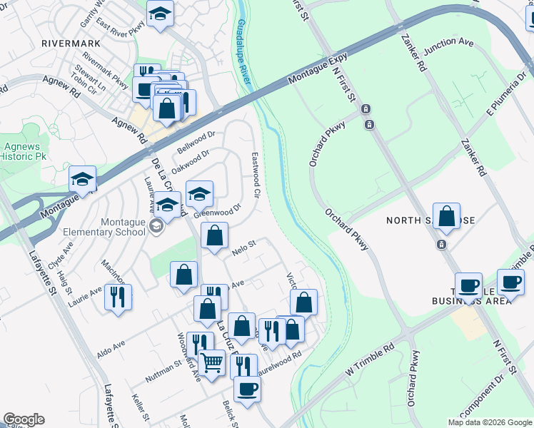 map of restaurants, bars, coffee shops, grocery stores, and more near 421 Brasswood Court in Santa Clara