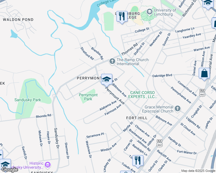 map of restaurants, bars, coffee shops, grocery stores, and more near 402 Perrymont Avenue in Lynchburg