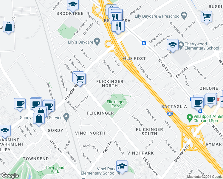 map of restaurants, bars, coffee shops, grocery stores, and more near 1505 Shumaker Way in San Jose