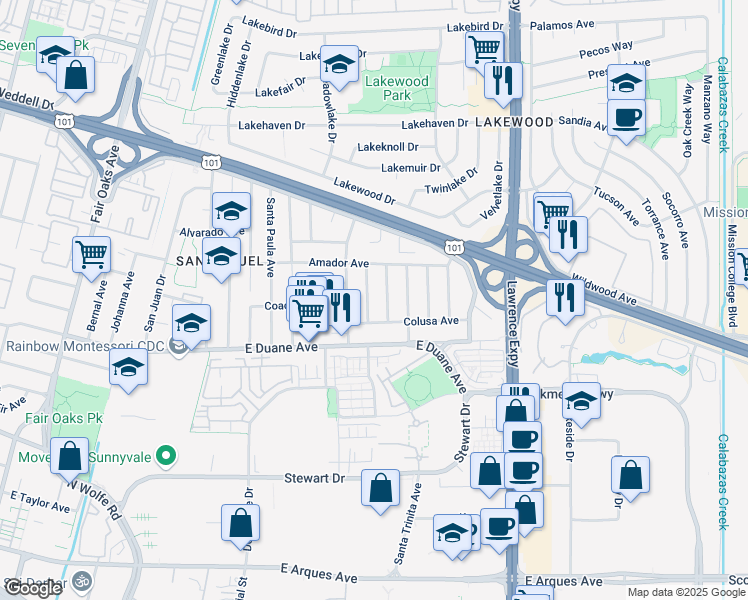 map of restaurants, bars, coffee shops, grocery stores, and more near 733 Santa Rita Street in Sunnyvale