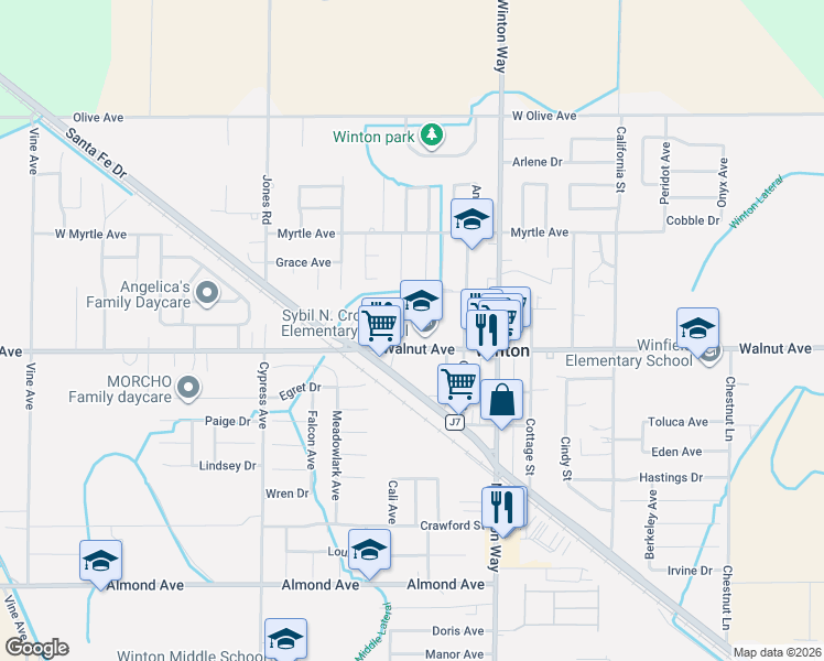 map of restaurants, bars, coffee shops, grocery stores, and more near 7089 Center Street in Winton