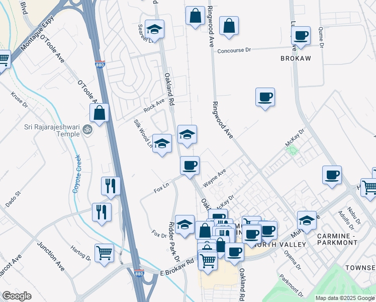map of restaurants, bars, coffee shops, grocery stores, and more near in San Jose