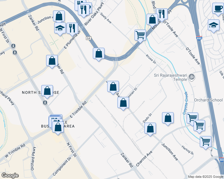 map of restaurants, bars, coffee shops, grocery stores, and more near in San Jose