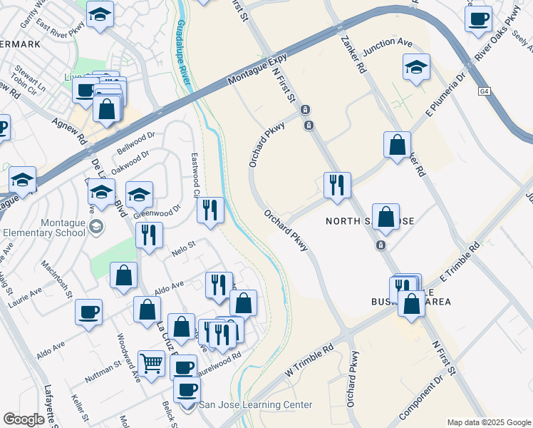 map of restaurants, bars, coffee shops, grocery stores, and more near 2820-2860 Orchard Parkway in San Jose