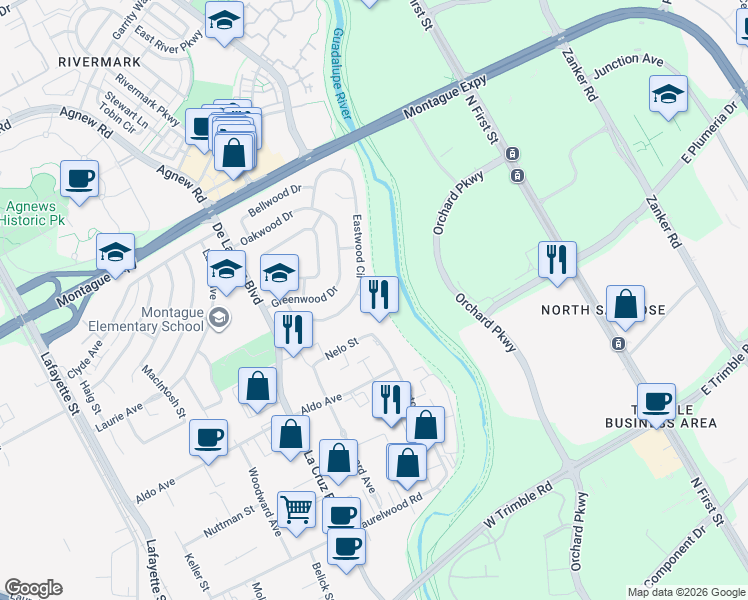 map of restaurants, bars, coffee shops, grocery stores, and more near 421 Brasswood Court in Santa Clara