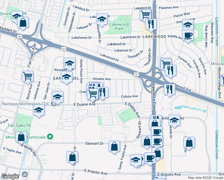 map of restaurants, bars, coffee shops, grocery stores, and more near 733 Santa Rita Street in Sunnyvale