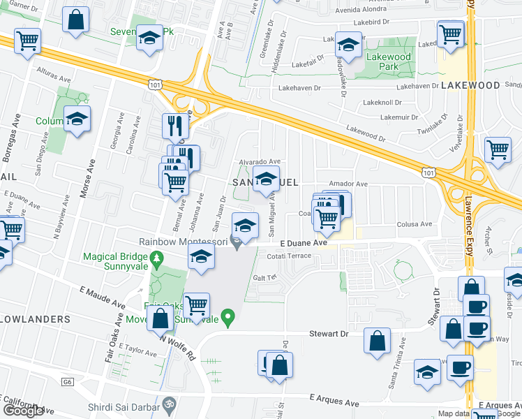 map of restaurants, bars, coffee shops, grocery stores, and more near 777 San Miguel Avenue in Sunnyvale