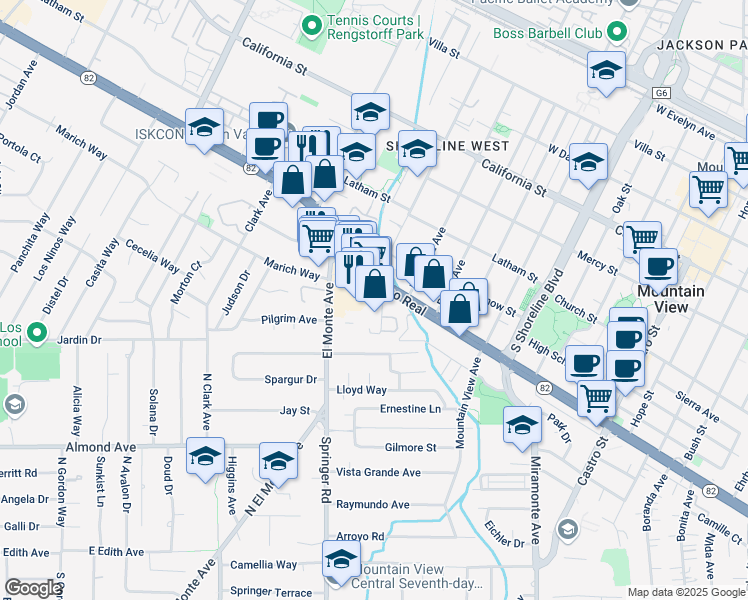map of restaurants, bars, coffee shops, grocery stores, and more near in Mountain View