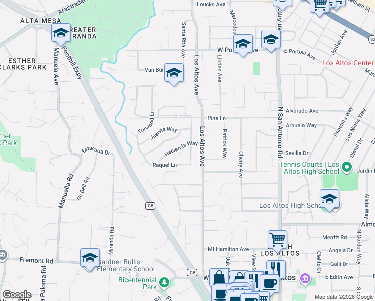 map of restaurants, bars, coffee shops, grocery stores, and more near 381 Hacienda Way in Los Altos