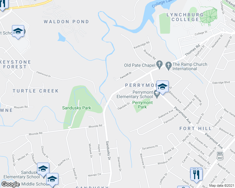 map of restaurants, bars, coffee shops, grocery stores, and more near 4700 Greenwood Drive in Lynchburg