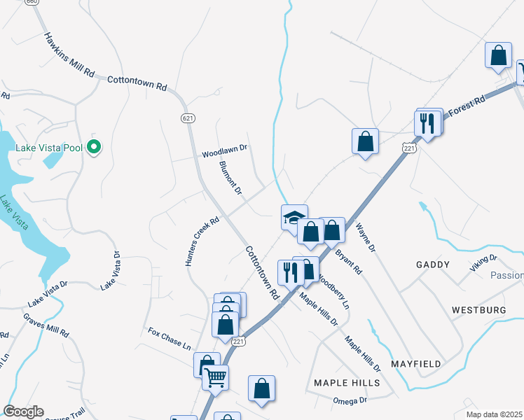 map of restaurants, bars, coffee shops, grocery stores, and more near 102 Blumont Drive in Lynchburg