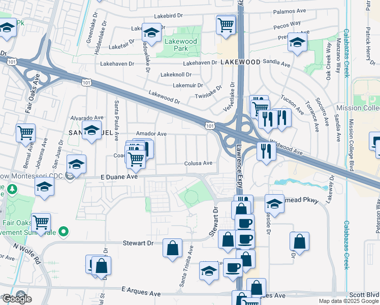 map of restaurants, bars, coffee shops, grocery stores, and more near 718 San Simeon Street in Sunnyvale