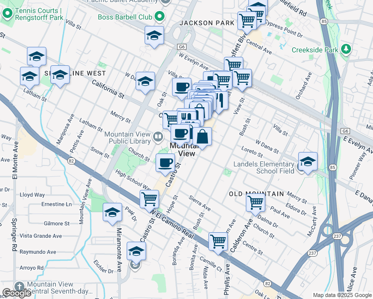 map of restaurants, bars, coffee shops, grocery stores, and more near in Mountain View