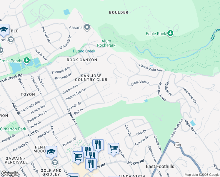 map of restaurants, bars, coffee shops, grocery stores, and more near 4160 Holly Drive in San Jose