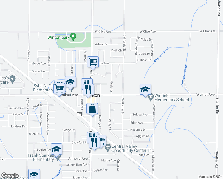 map of restaurants, bars, coffee shops, grocery stores, and more near 7059 Suzie Street in Winton