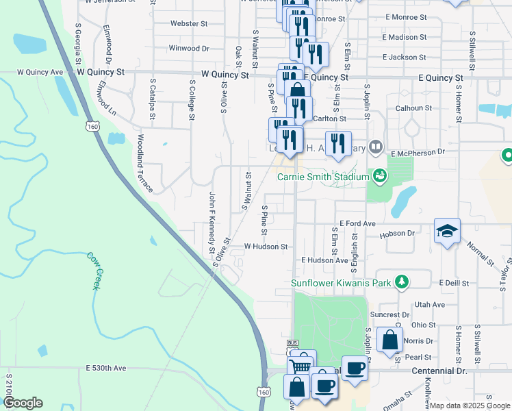 map of restaurants, bars, coffee shops, grocery stores, and more near 1804 South Pine Street in Pittsburg