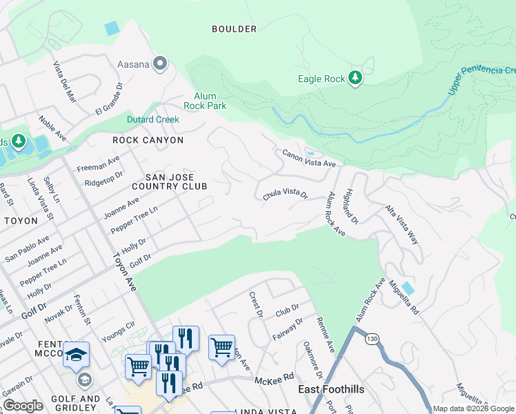 map of restaurants, bars, coffee shops, grocery stores, and more near 11260 Chula Vista Avenue in San Jose