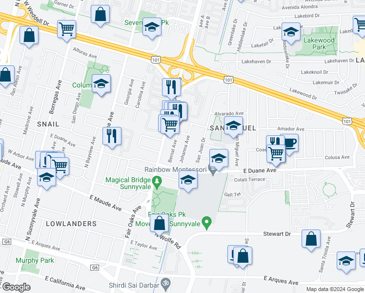 map of restaurants, bars, coffee shops, grocery stores, and more near 667 Johanna Avenue in Sunnyvale