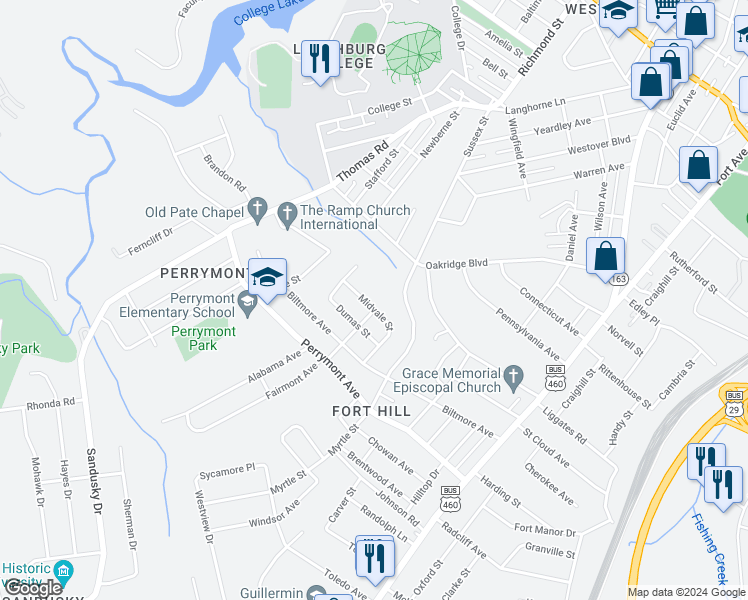 map of restaurants, bars, coffee shops, grocery stores, and more near 524 Midvale Street in Lynchburg