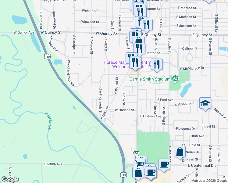map of restaurants, bars, coffee shops, grocery stores, and more near 1722 South Walnut Street in Pittsburg