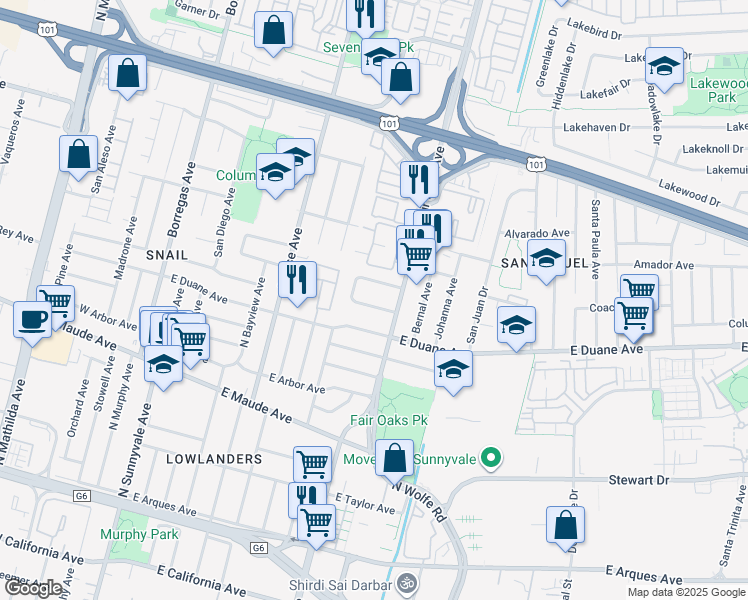 map of restaurants, bars, coffee shops, grocery stores, and more near 577 South Eden Avenue in Sunnyvale