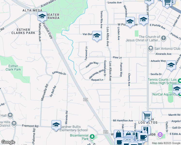 map of restaurants, bars, coffee shops, grocery stores, and more near 430 San Domingo Way in Los Altos