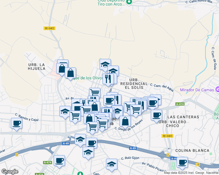 map of restaurants, bars, coffee shops, grocery stores, and more near 2 Avenida Antonio Mairena in Castilleja de la Cuesta