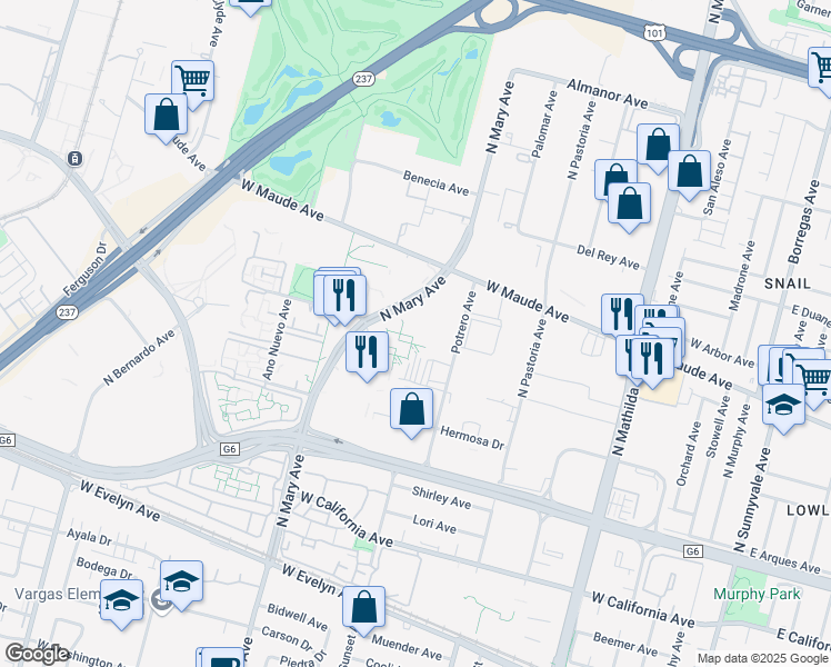 map of restaurants, bars, coffee shops, grocery stores, and more near 430 North Mary Avenue in Sunnyvale