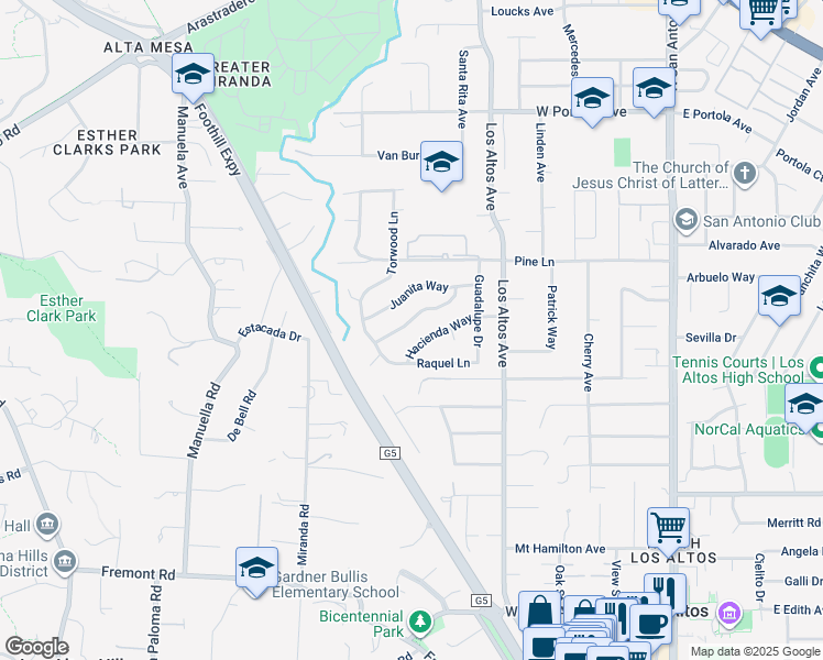 map of restaurants, bars, coffee shops, grocery stores, and more near 430 San Domingo Way in Los Altos