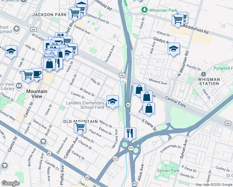 map of restaurants, bars, coffee shops, grocery stores, and more near 151 Calderon Avenue in Mountain View